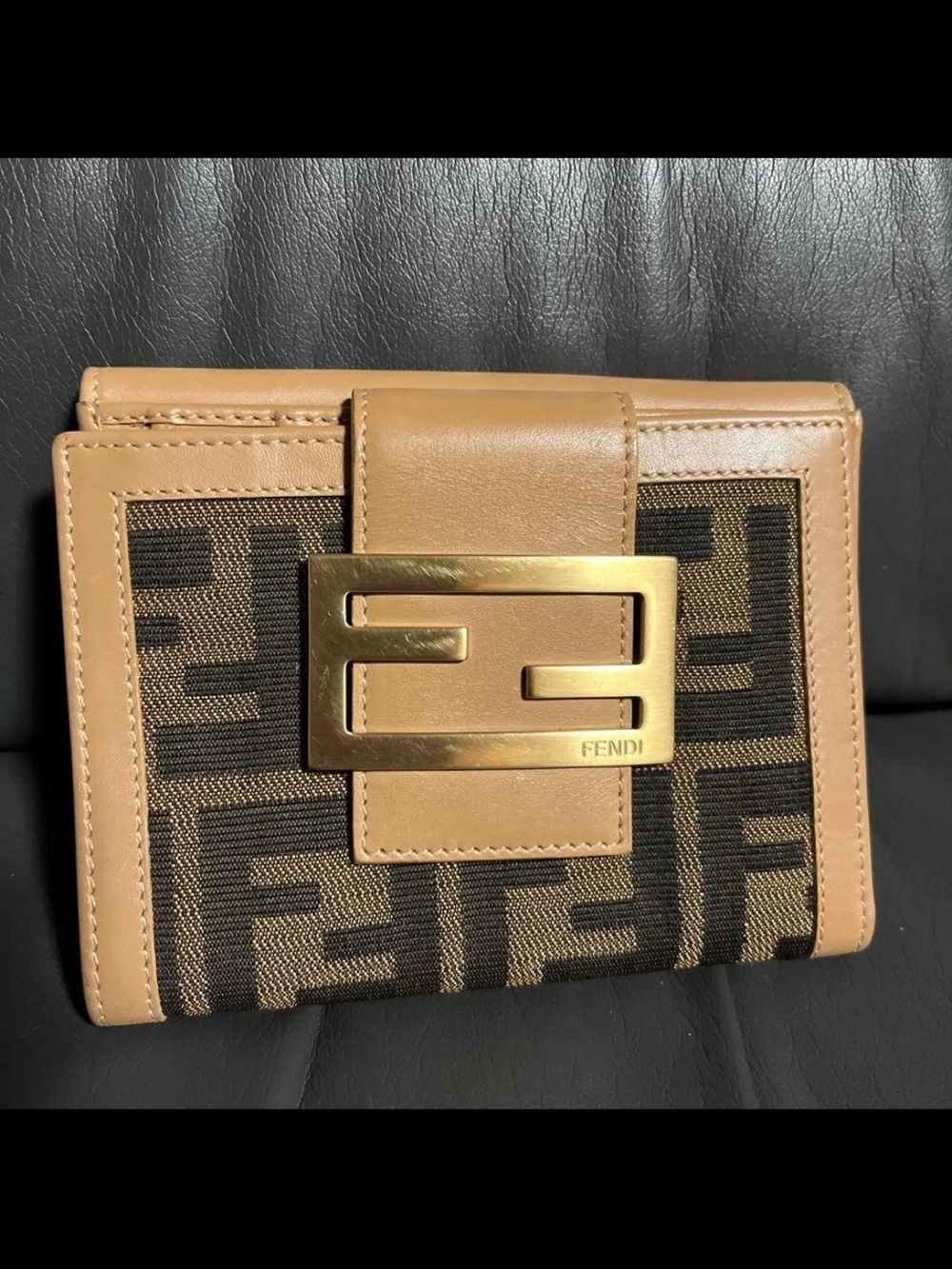 Fendi Tan Leather & Brown FF Logo Wallet with Gold Hardware